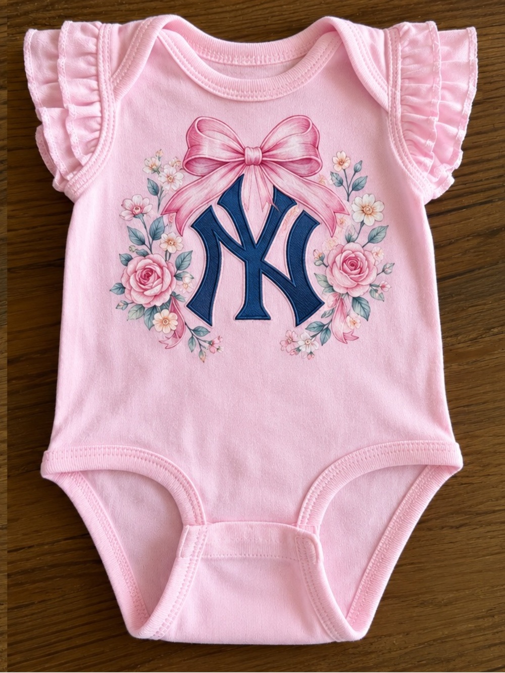 Yankees Pink Infant Pink Ruffle-Sleeve NY Logo One-Piece Bodysuit